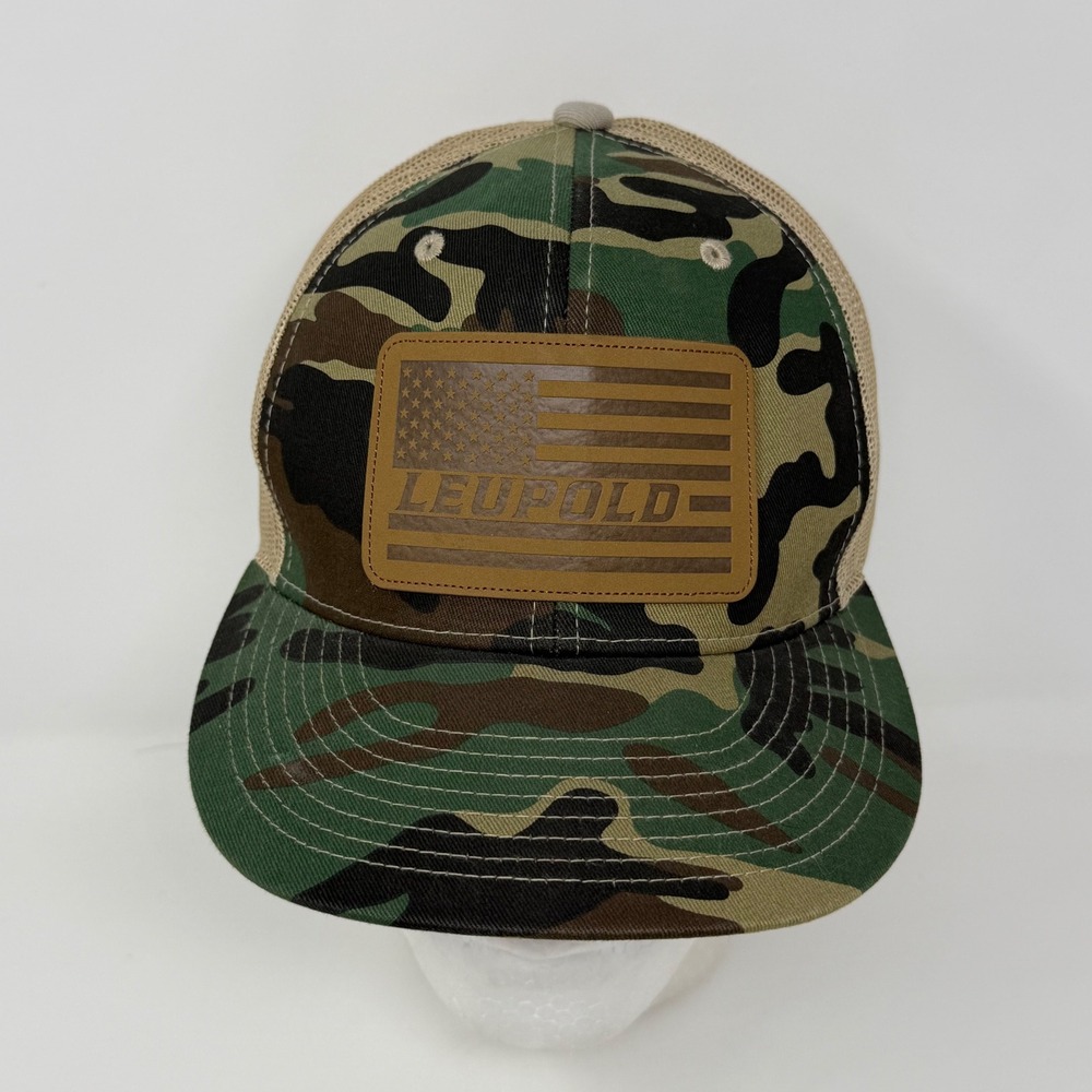 Leupold Camo Trucker Hat American Flag Leather Patch Snapback Mesh Cap Mens